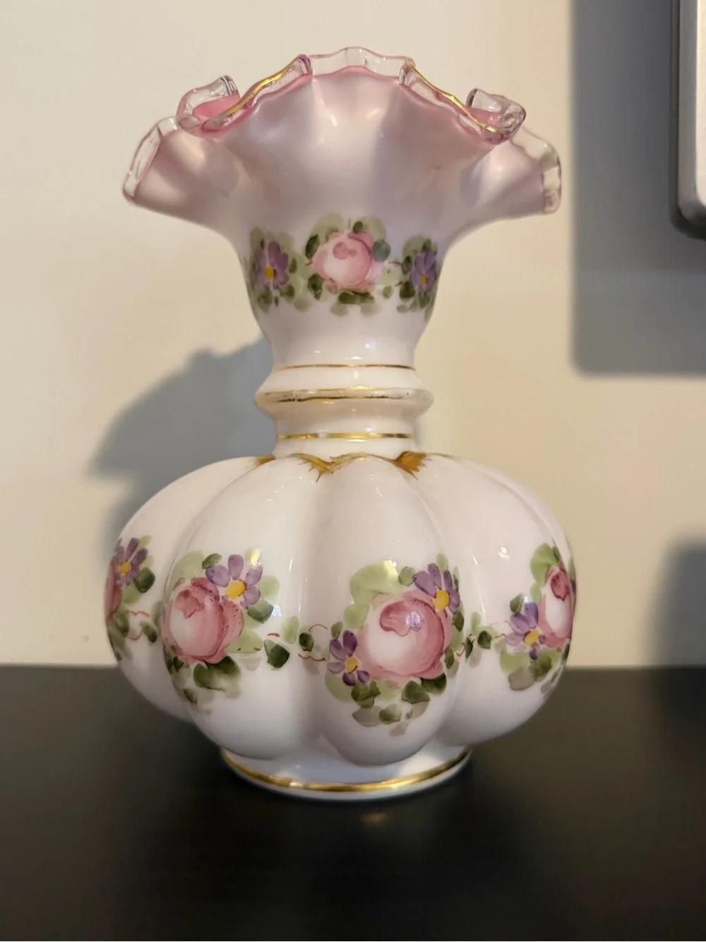 Vintage Fenton Charleton Peach Crest Melon Vase 7” Hand Painted Roses Gold